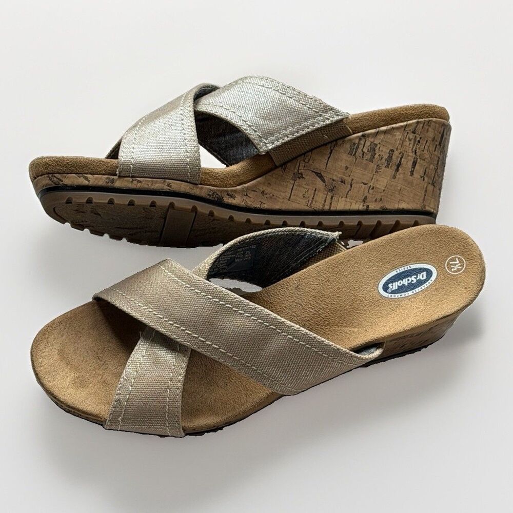 Dr. Scholl's Women's Beige Fabric Cross Strap Wedge Slide Slip On Sandals US 7.5